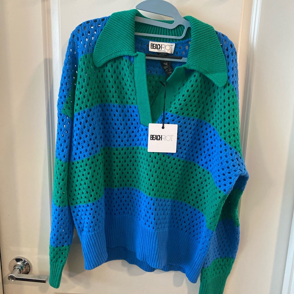 Beachriot Women's Open-Knit V-Neck Sweater in Blue & Green